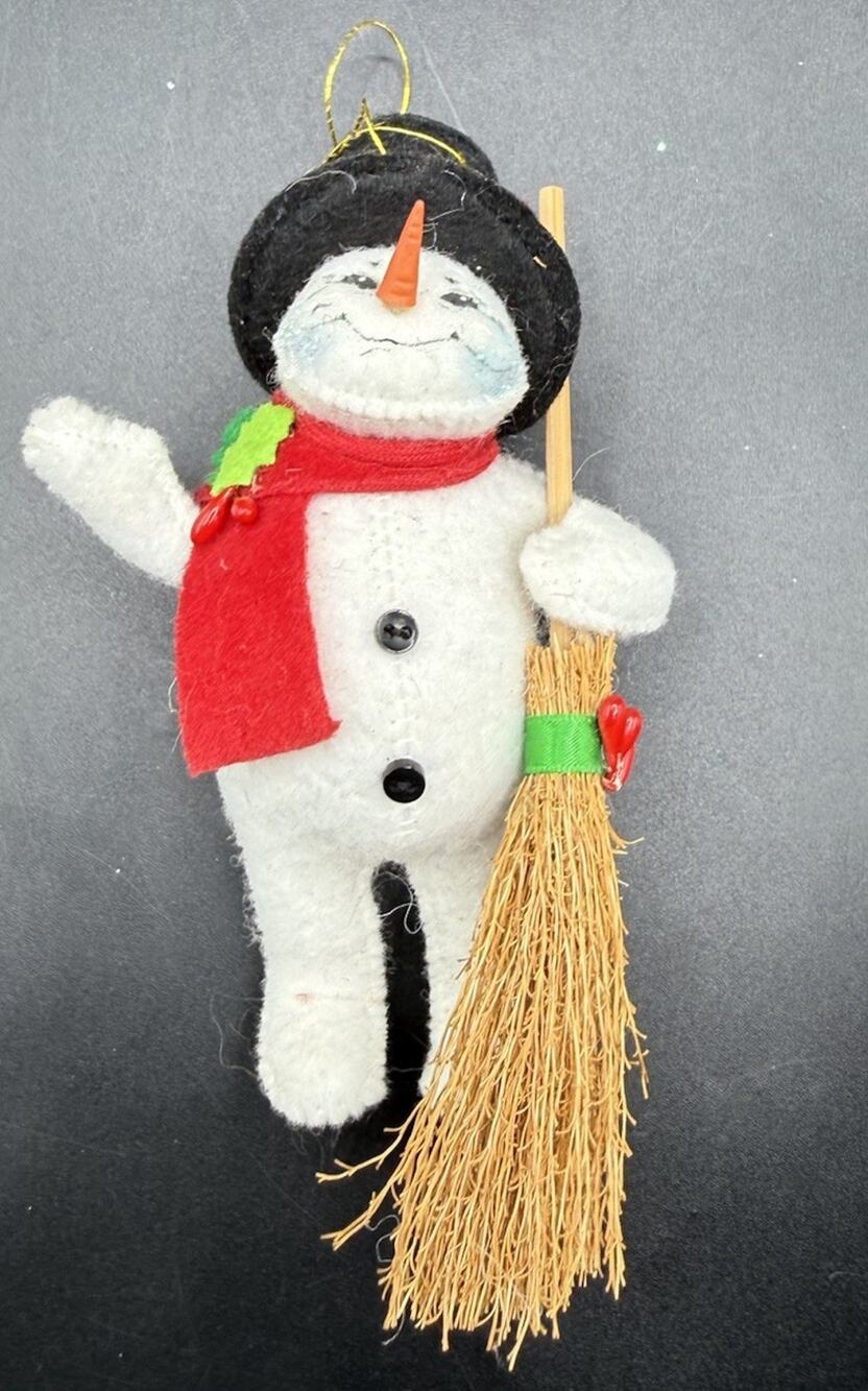 Annalee Snowman Broom & Red Scarf 5" Christmas Ornament Figure Vtg -Lo24